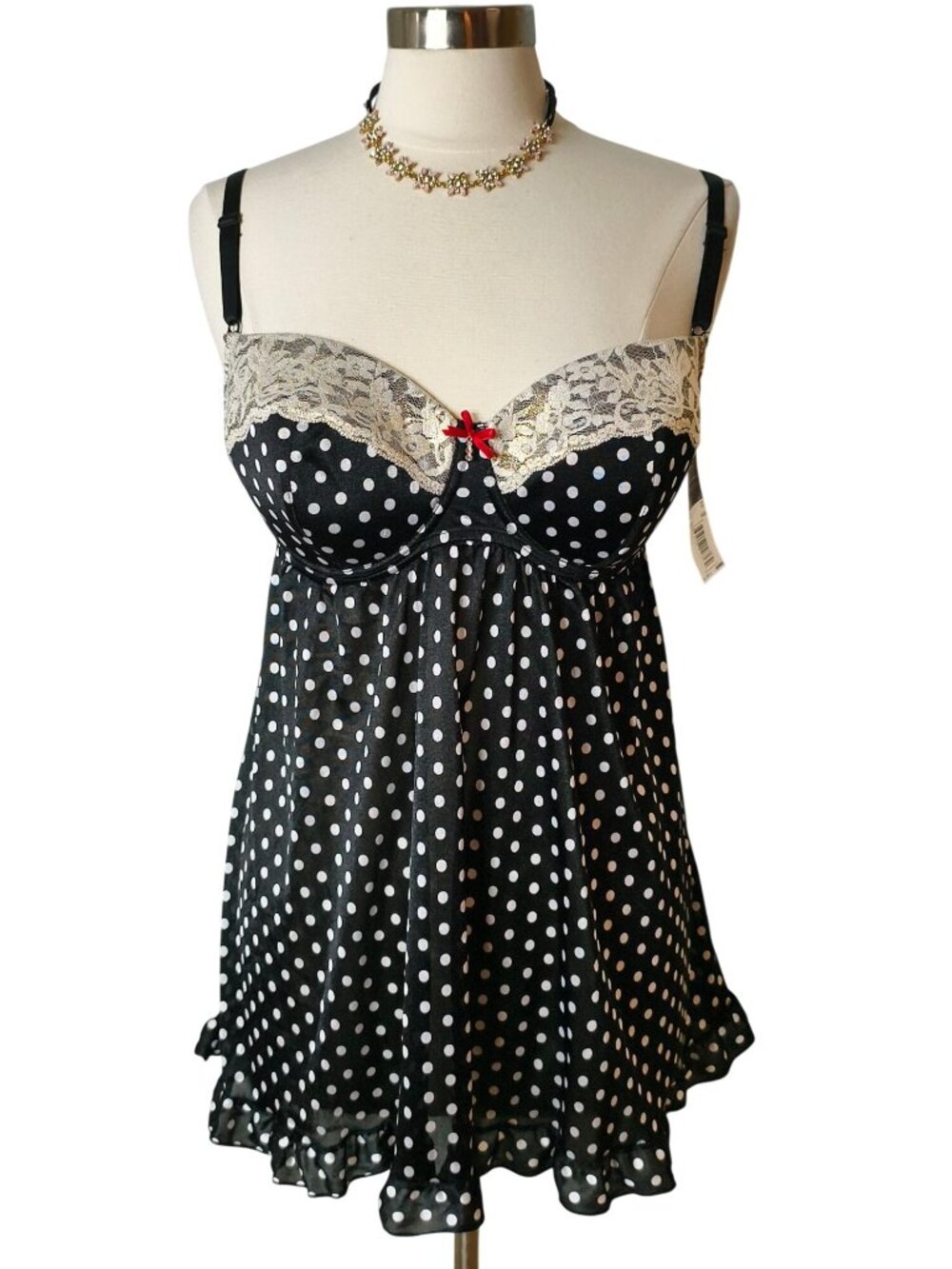 Smart Sexy Womens 38D/8 Babydoll Lingerie Matching Thong Blk Wht Polka Dot Lace